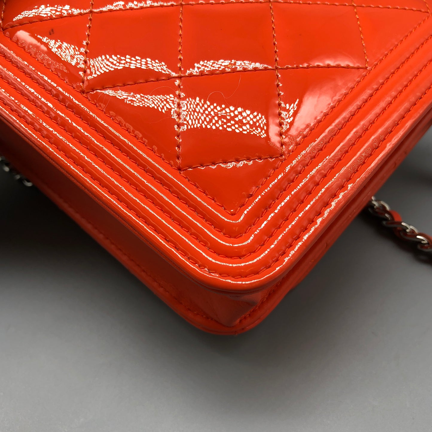 Chanel Boy Neon Orange Patent Leather Wallet on Chain Bag