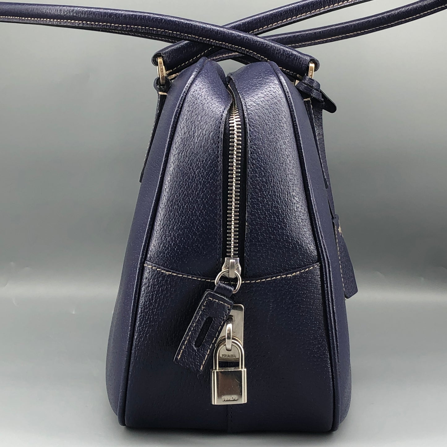 Prada Bauletto Medium Pebbled Leather Handbag  Ink Blue