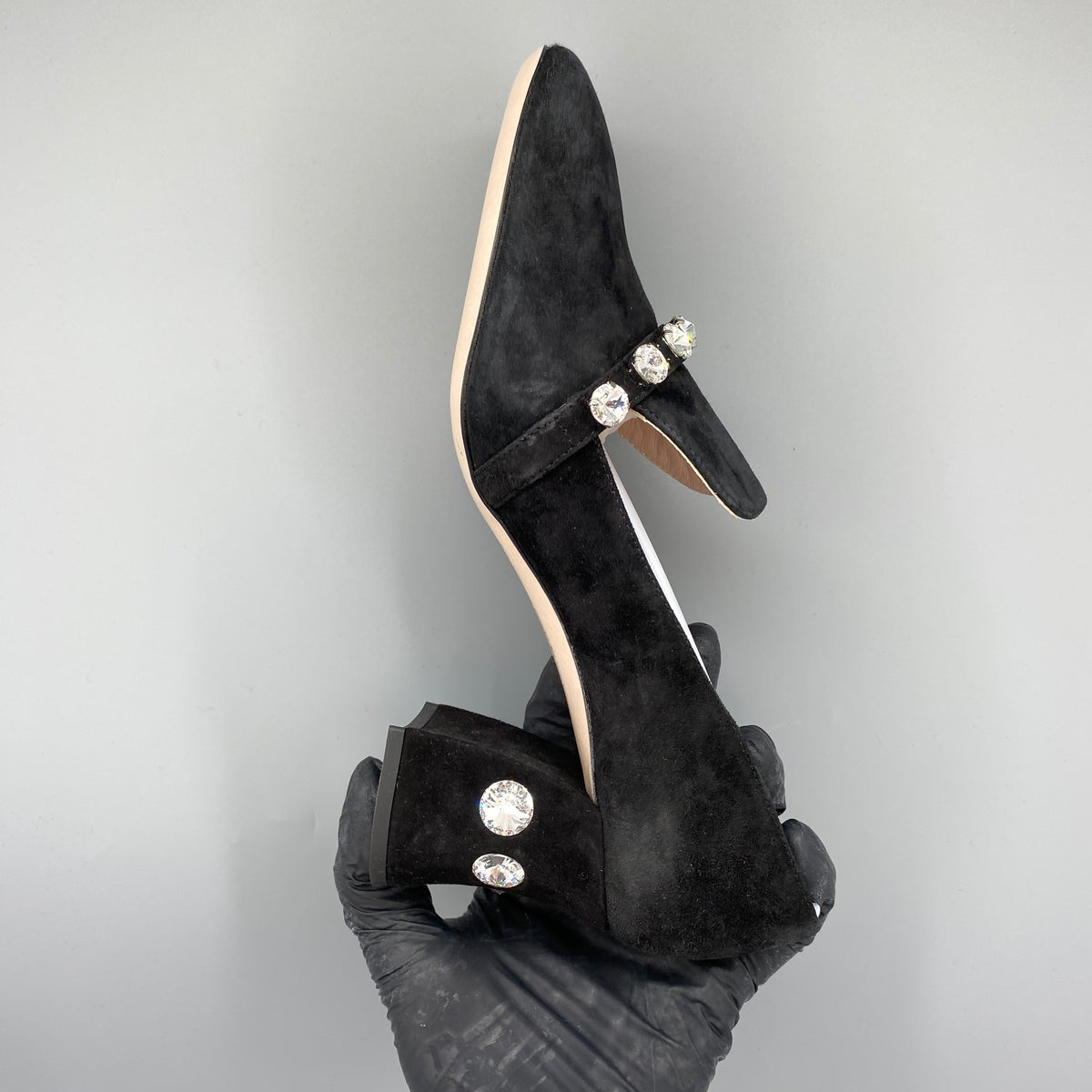 Miu Miu Black Suede Crystal Block Heel Women Shoes Size 36
