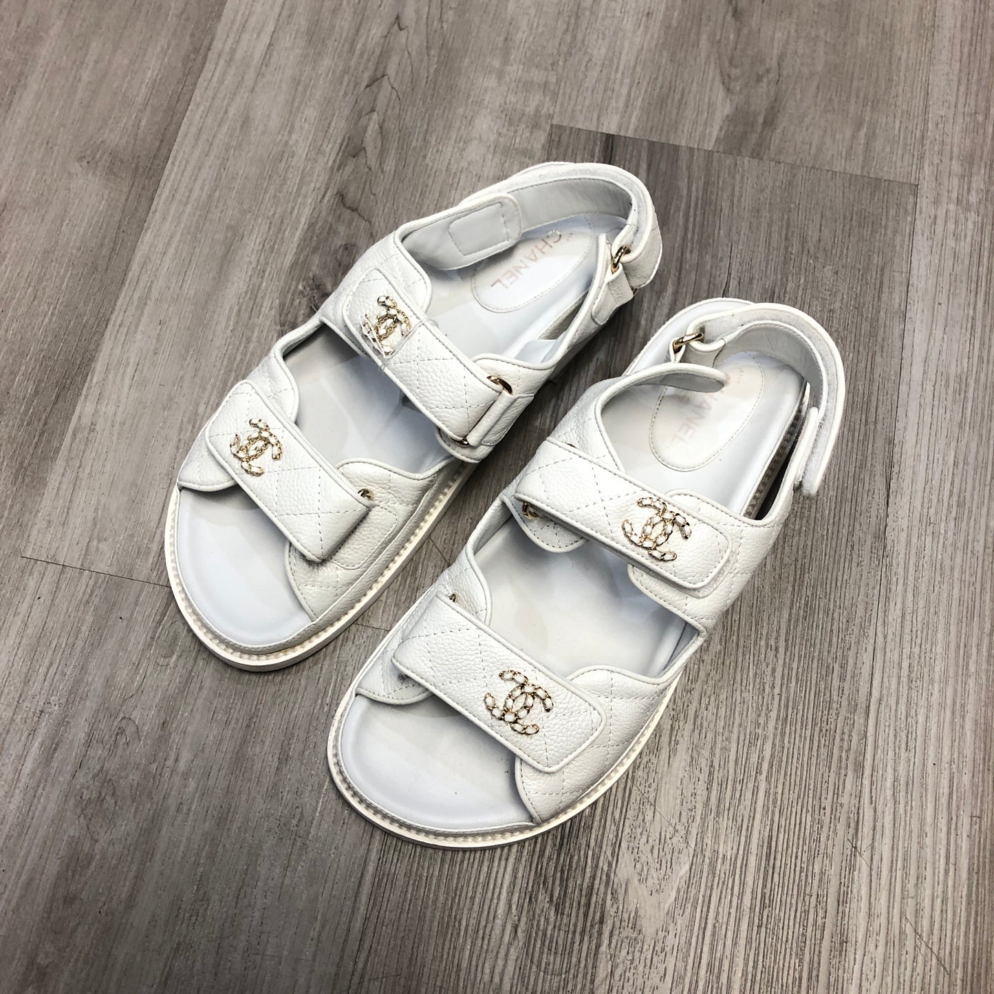 Chanel Women's Caviar Leather Interlocking CC Double Strap Slide Sandal Shoes 38 White