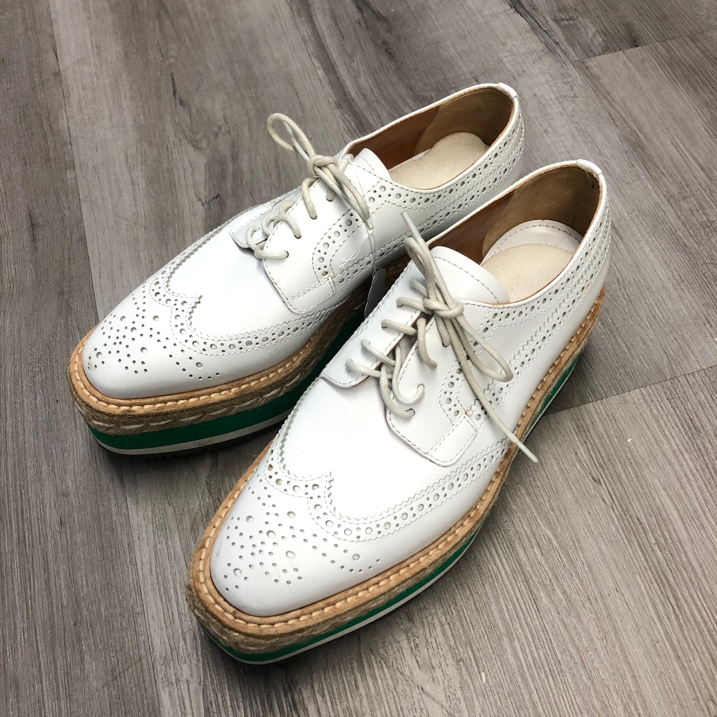 Prada Women's White Leather Brogue Platform Oxfords Size 36.5