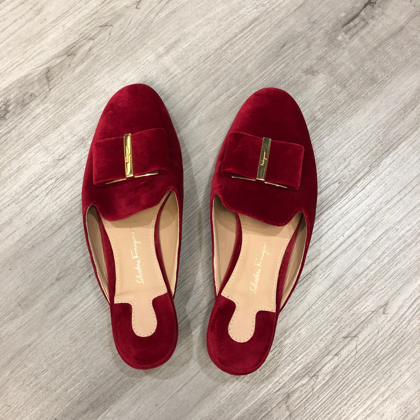 Salvatore Ferragamo Vara Velvet Mule Slides Size 5.5B Red