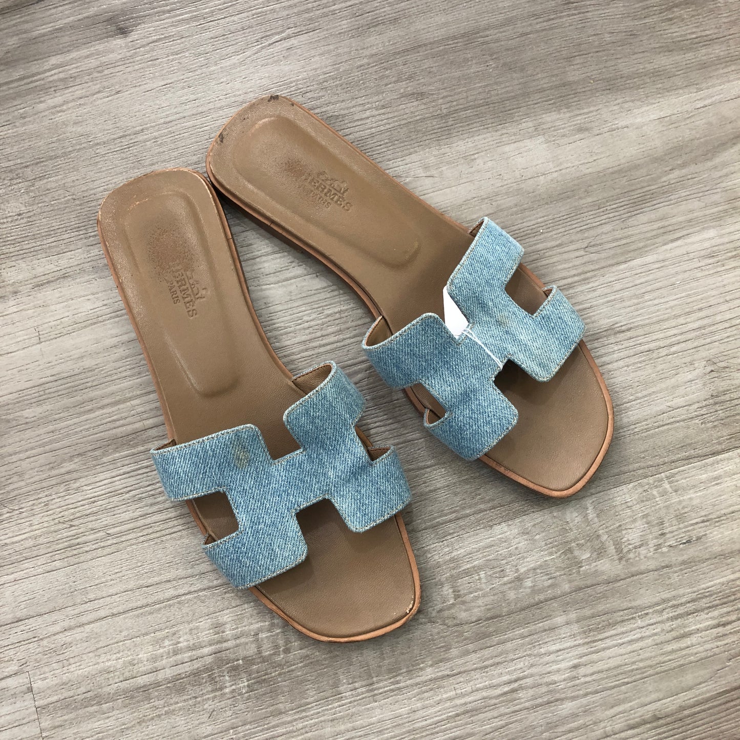 Hermes Women's Oran Denim Slide Sandals Size 38 Blue Denim