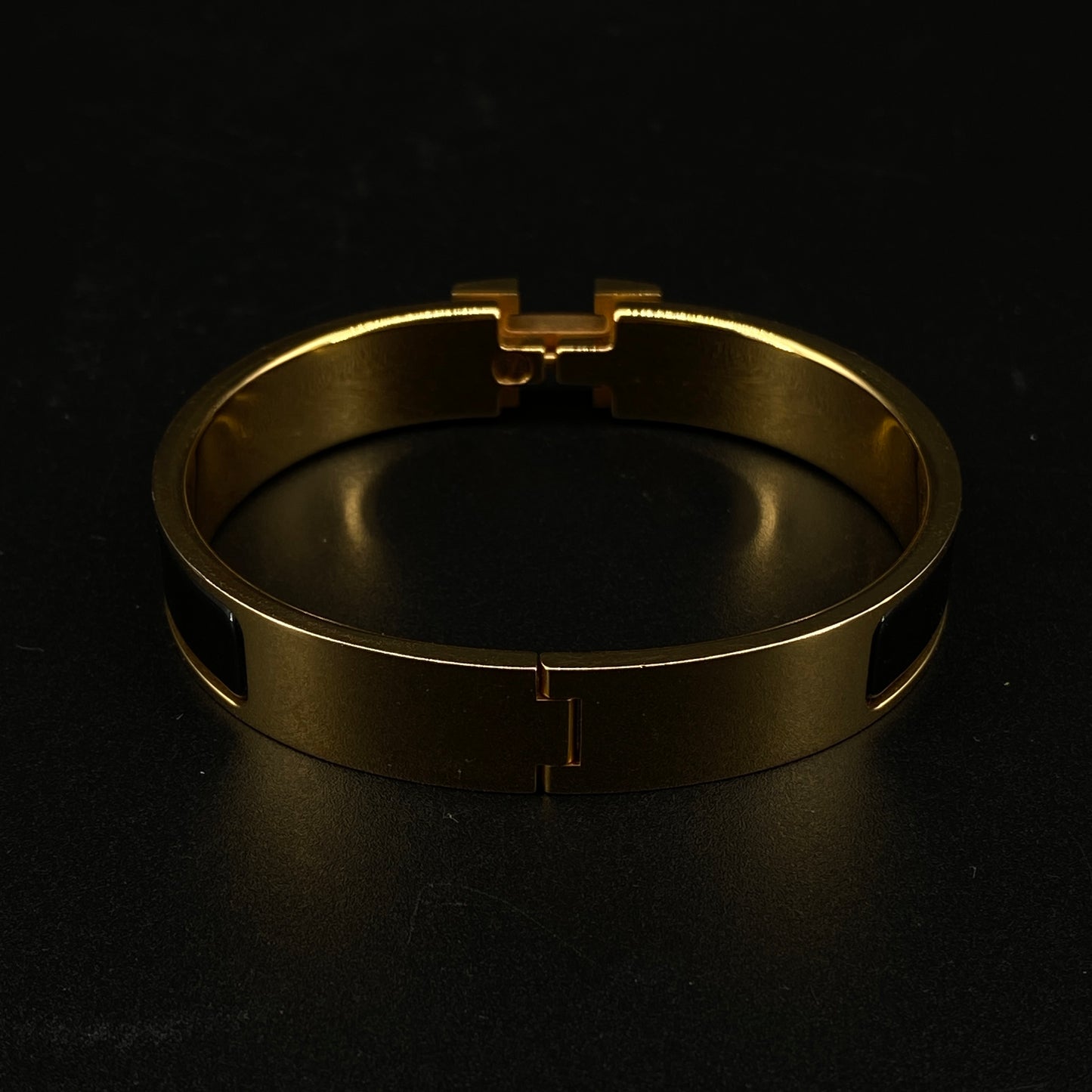 Hermes Black Enamel Gold H Buckle Bangle Bracelet