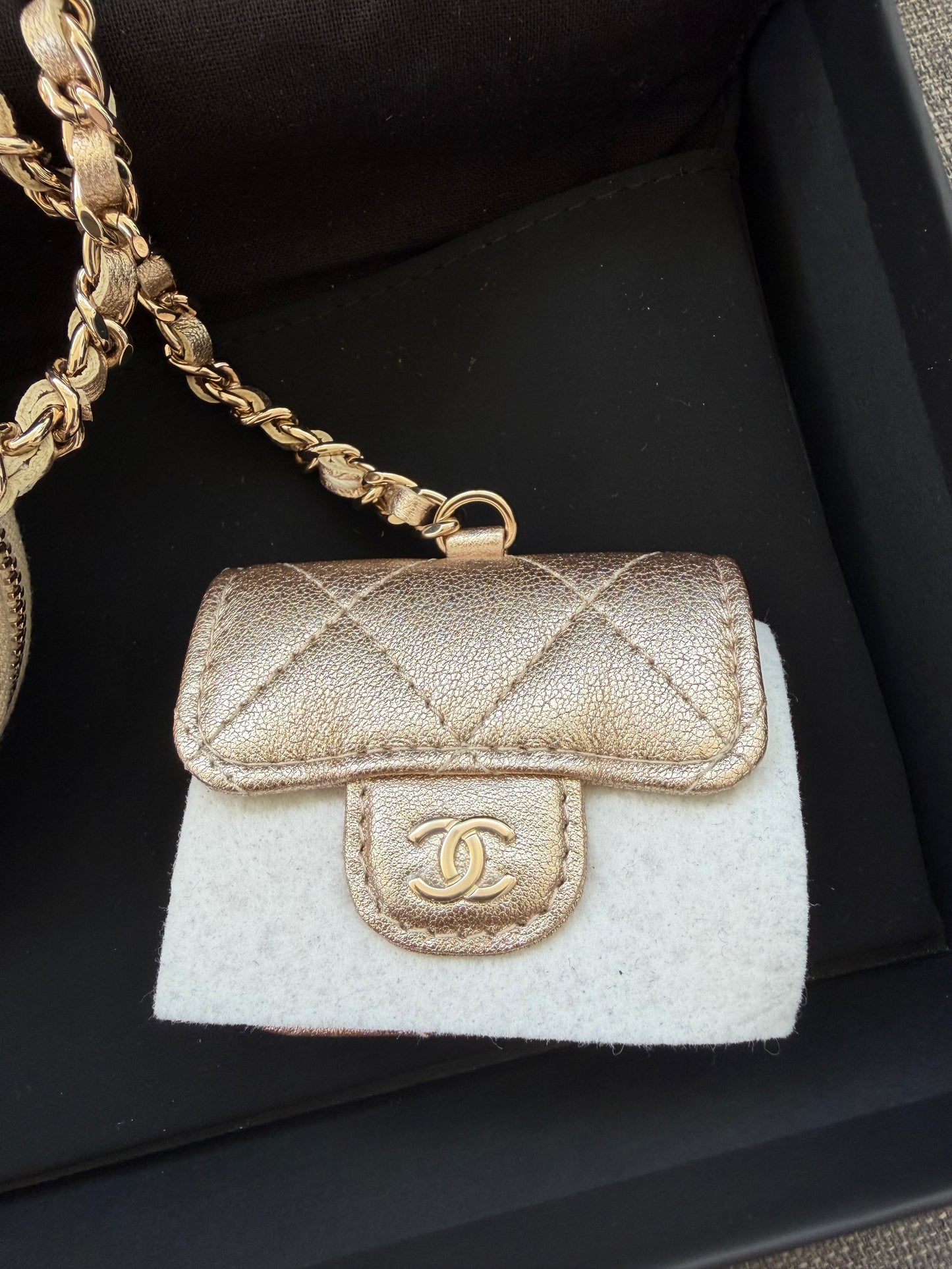 Chanel Metallic Gold Quilted Lambskin Leather Airpods Case With Coin Purse New