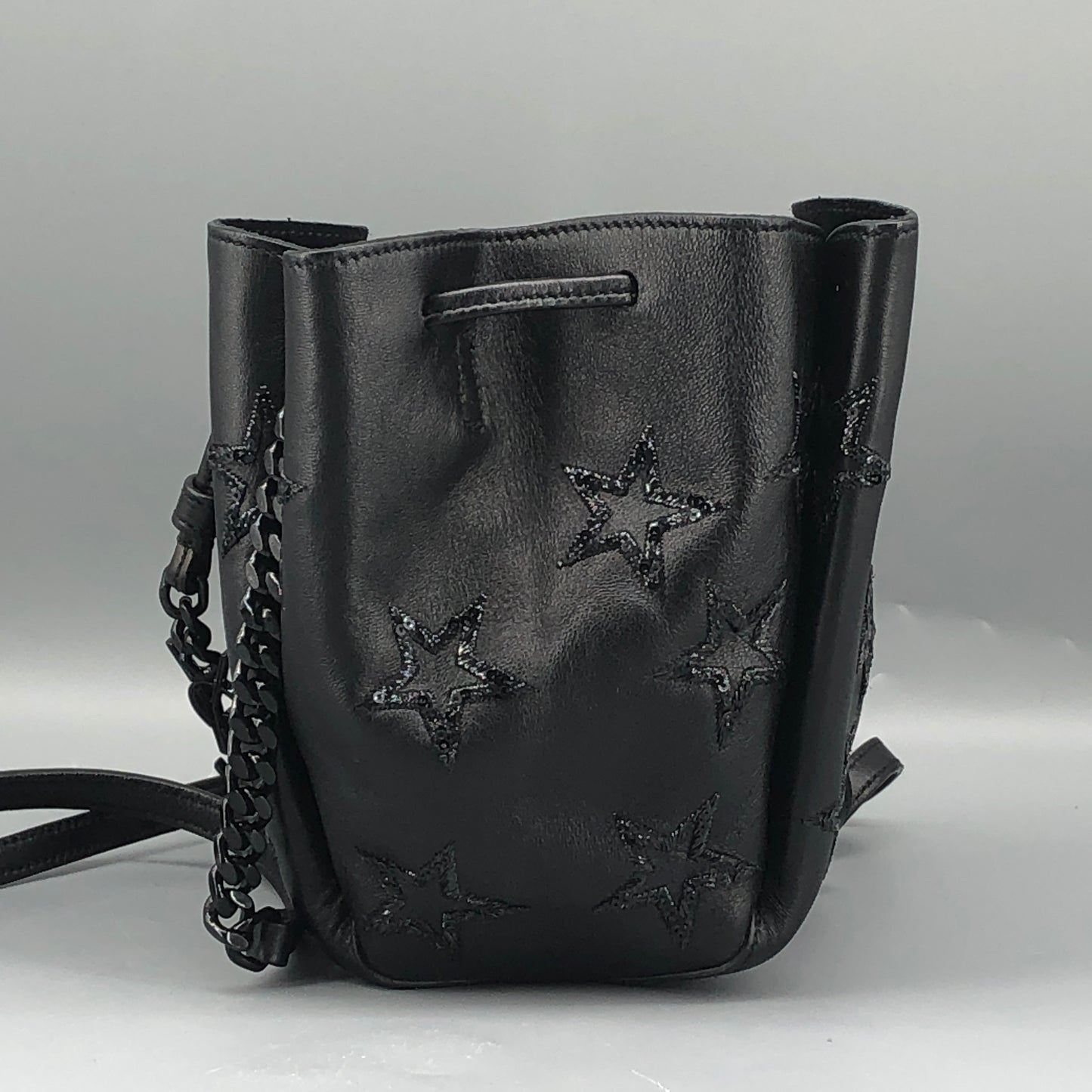 Saint Laurent Star Embossed Leather Mini Drawstring Bucket Bag Black