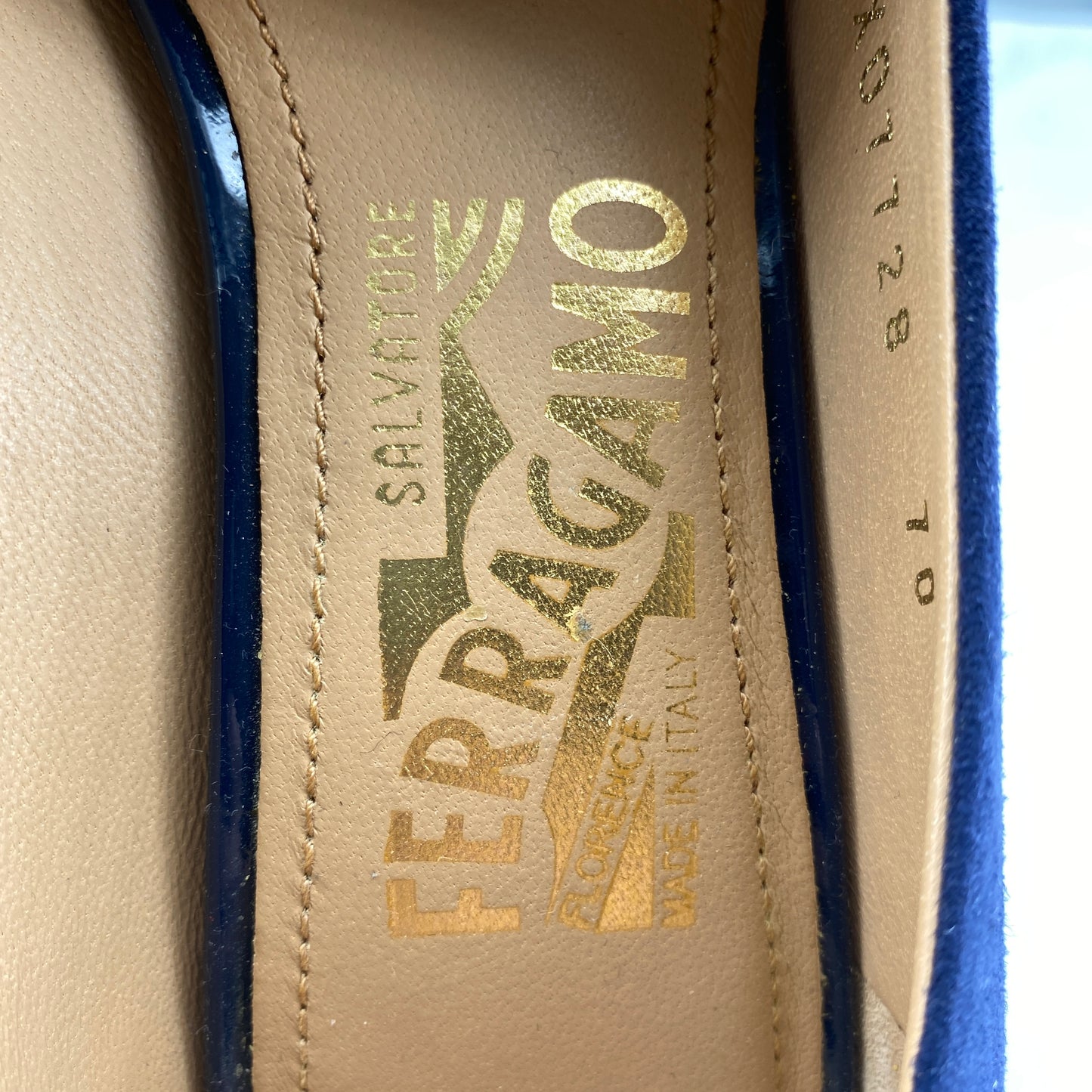 Ferragamo Women’s Deep Blue Suede Patent Toe Wedge Heels Shoes
