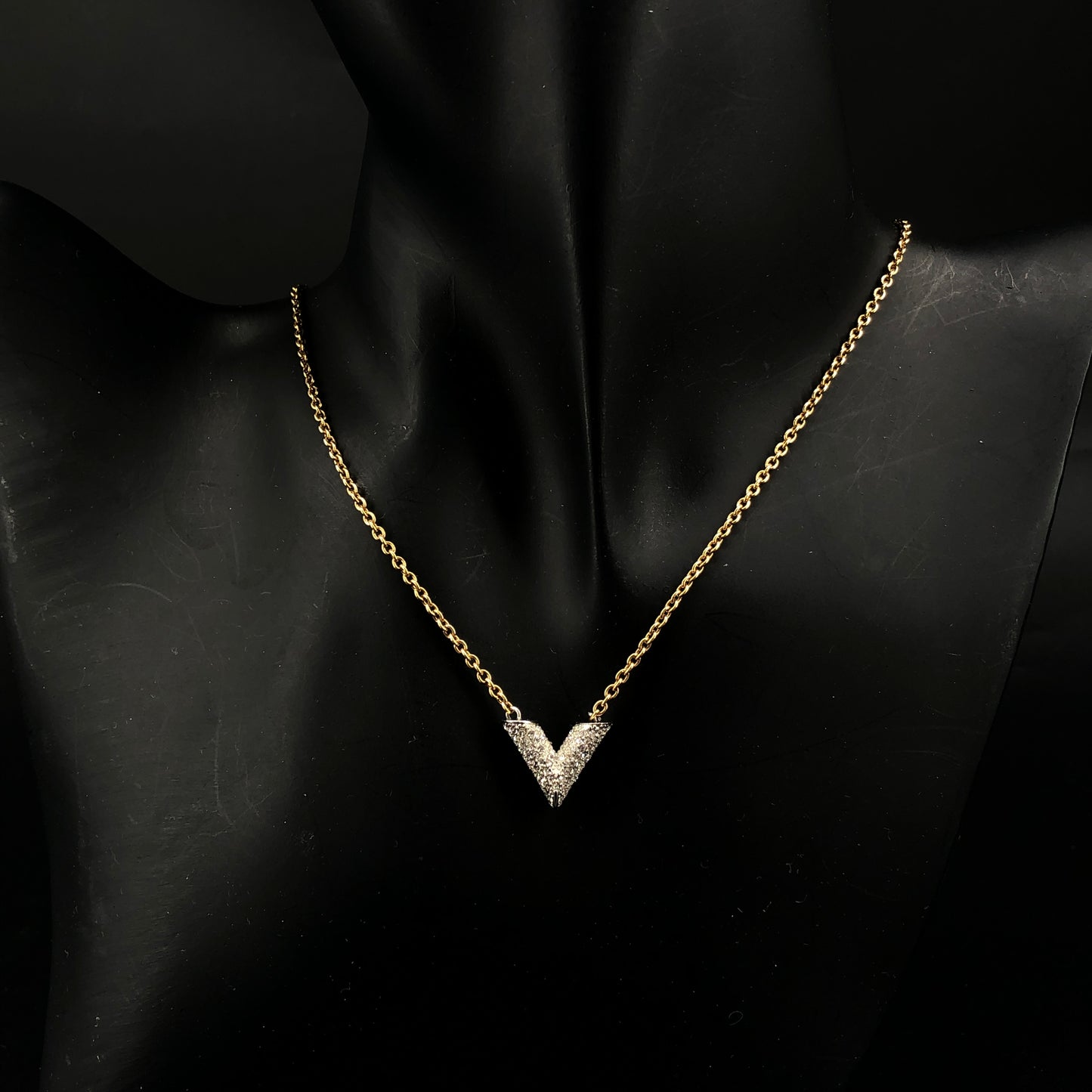 Louis Vuitton Gold Tone Full Crystal V Pendant Necklace