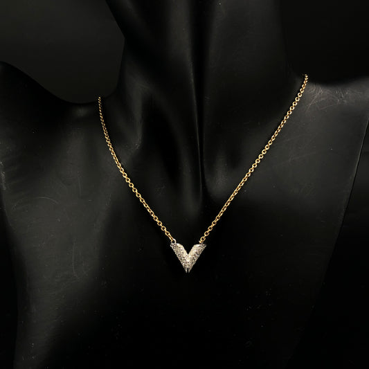 Louis Vuitton Gold Tone Full Crystal V Pendant Necklace