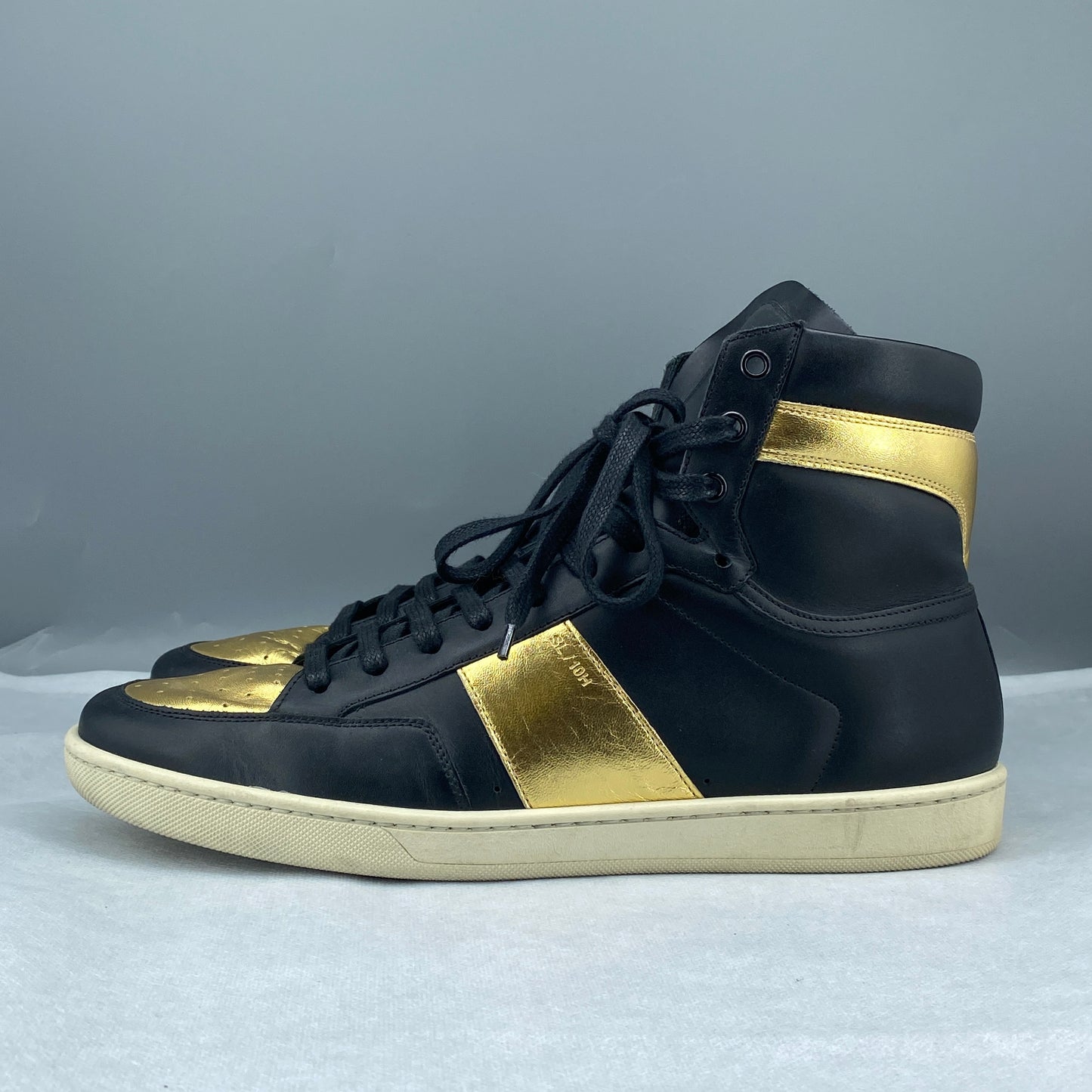 Saint Laurent Men’s Black Gold‑Tone Leather High‑Top Sneakers Shoes