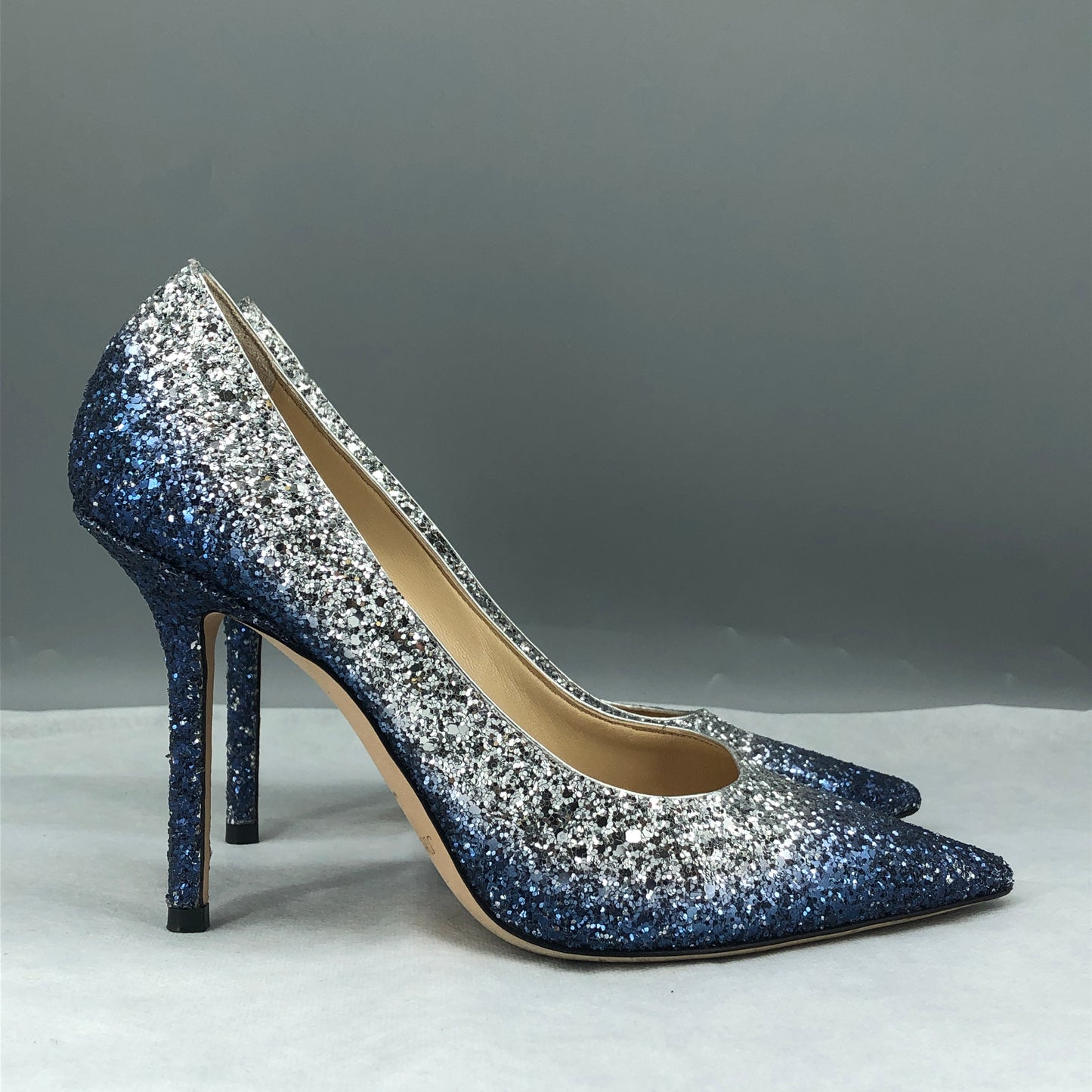 Jimmy Choo Women's Blue Silver Gradient Glitter Pointed Stiletto Heels Size 37