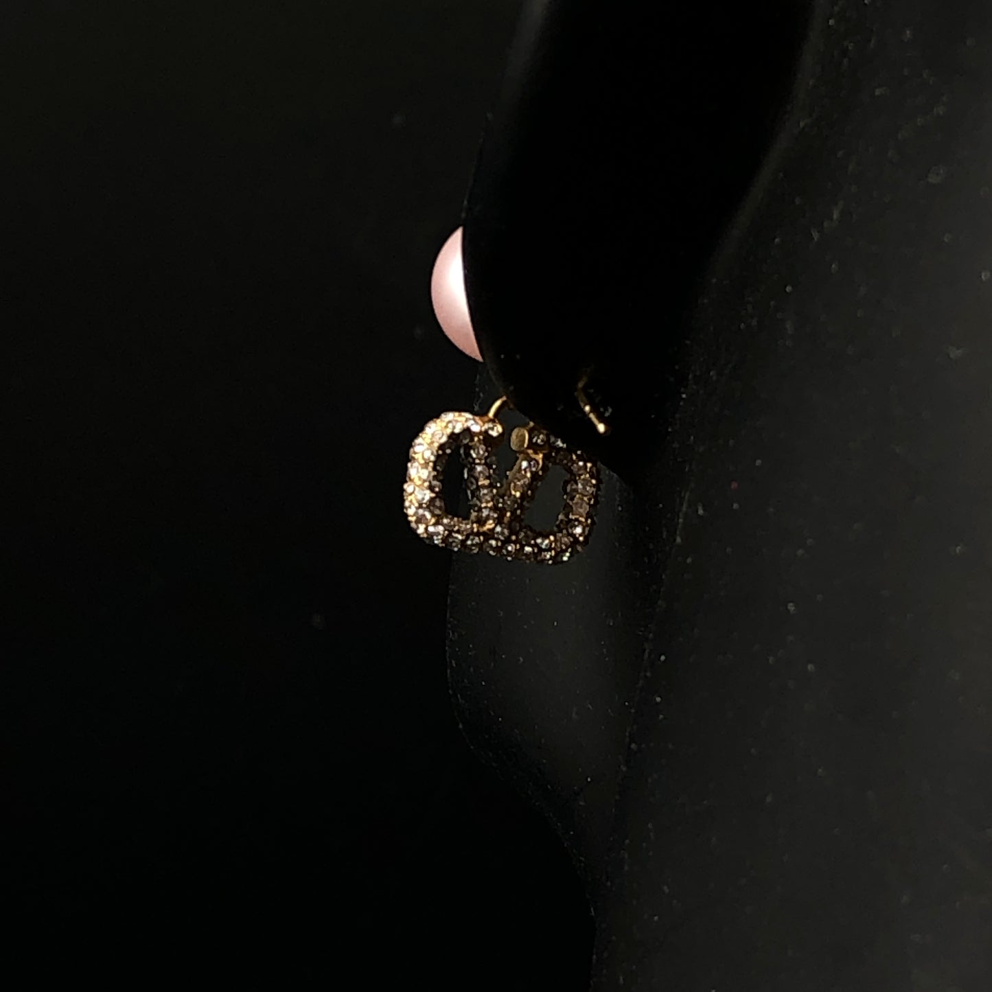 Valentino V Logo Crystal Pink Pearl Drop Stud Earrings Gold Tone