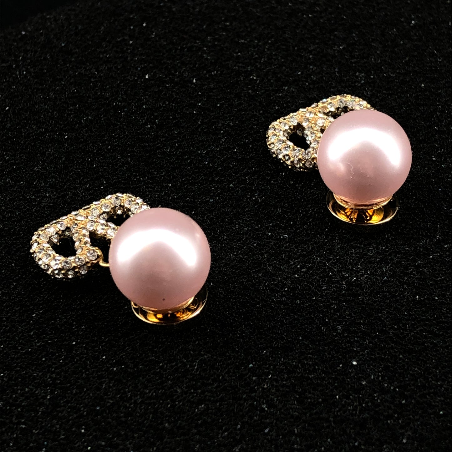Valentino V Logo Crystal Pink Pearl Drop Stud Earrings Gold Tone