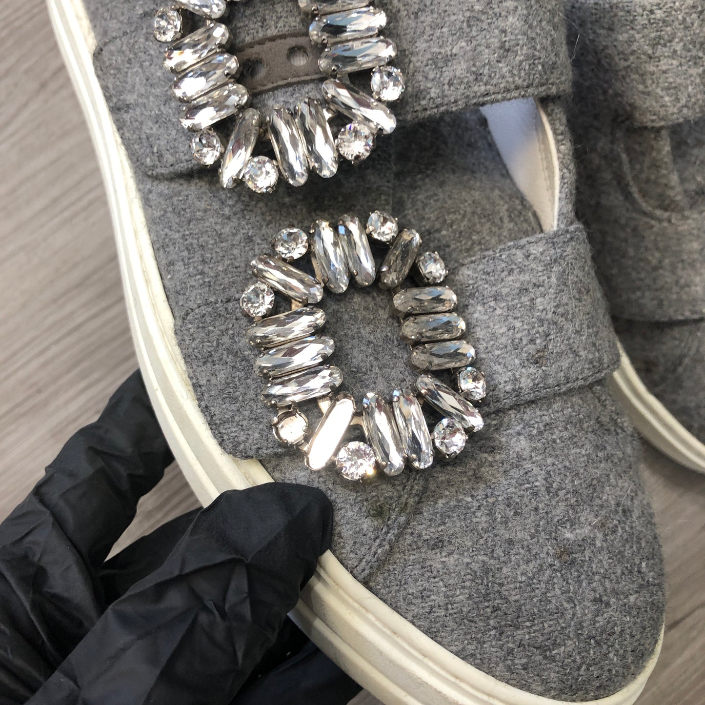Roger Vivier Women's Grey Fabric Crystal Buckle Slip-On Sneakers shoes 36