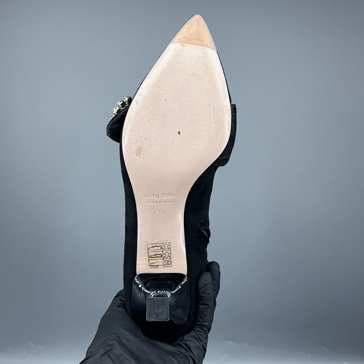 Miu Miu Women Black Suede Pearl Crystal Pointed Ankle Boots size 36