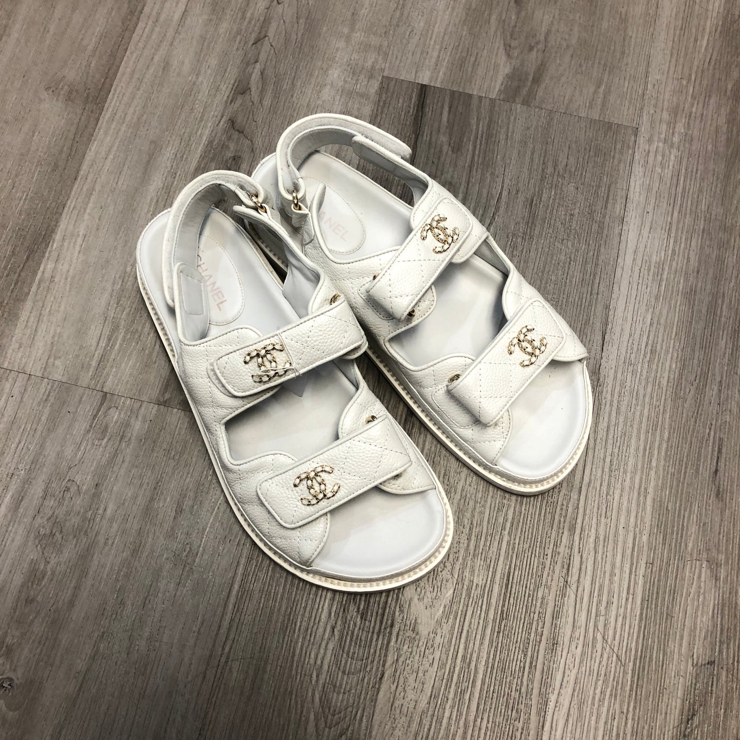 Chanel Women's Caviar Leather Interlocking CC Double Strap Slide Sandal Shoes 38 White
