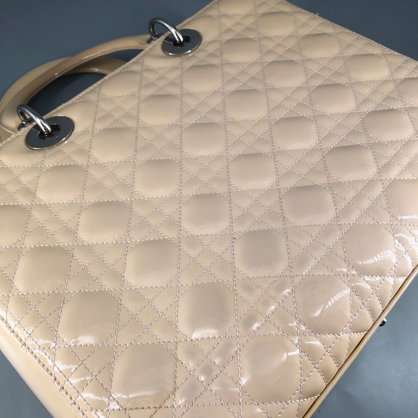 Christian Dior Lady Dior Large Cannage Patent Leather Handbag Nude