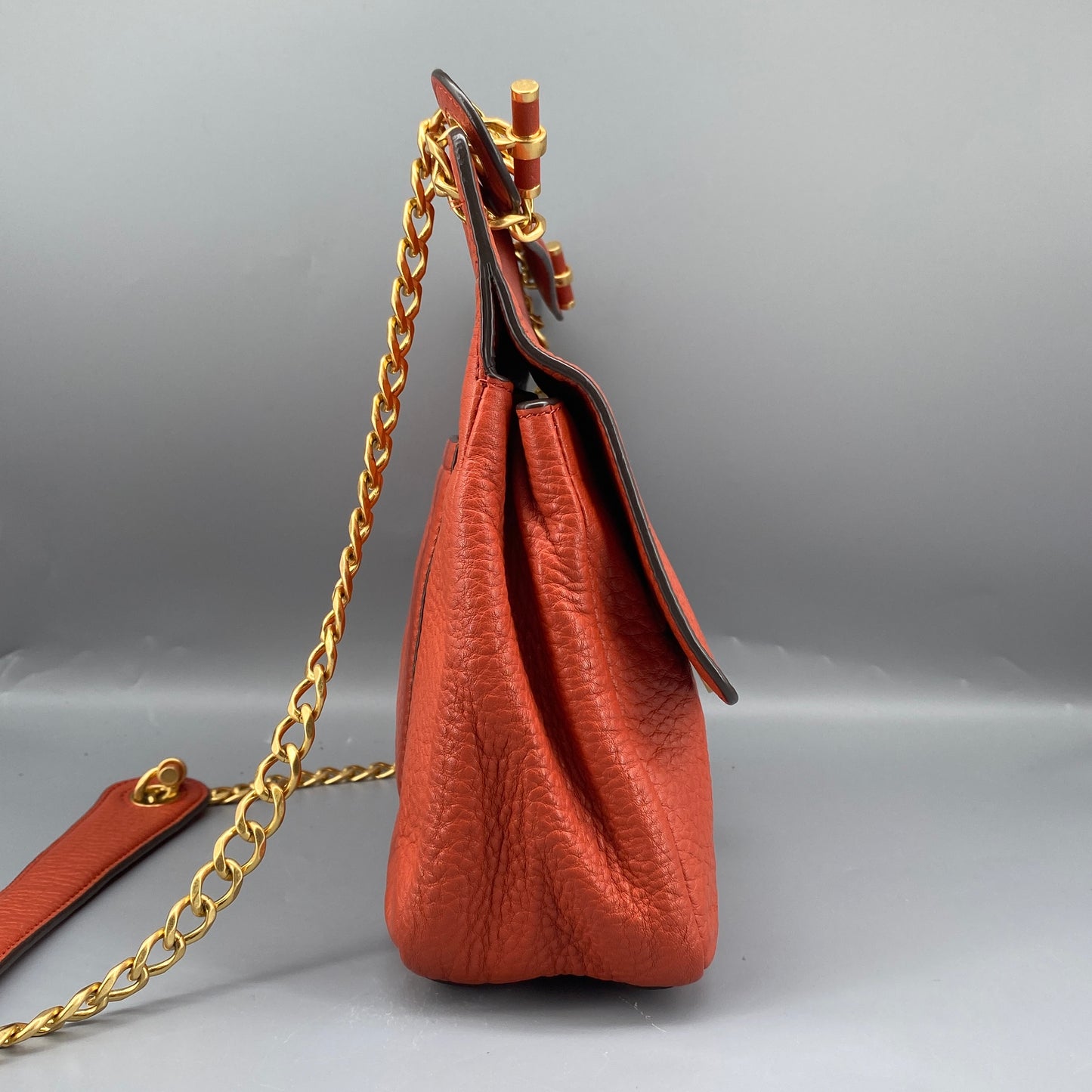 Tory Burch Orange Pebbled Leather Double T Logo Flap Chain Shoulder Bag
