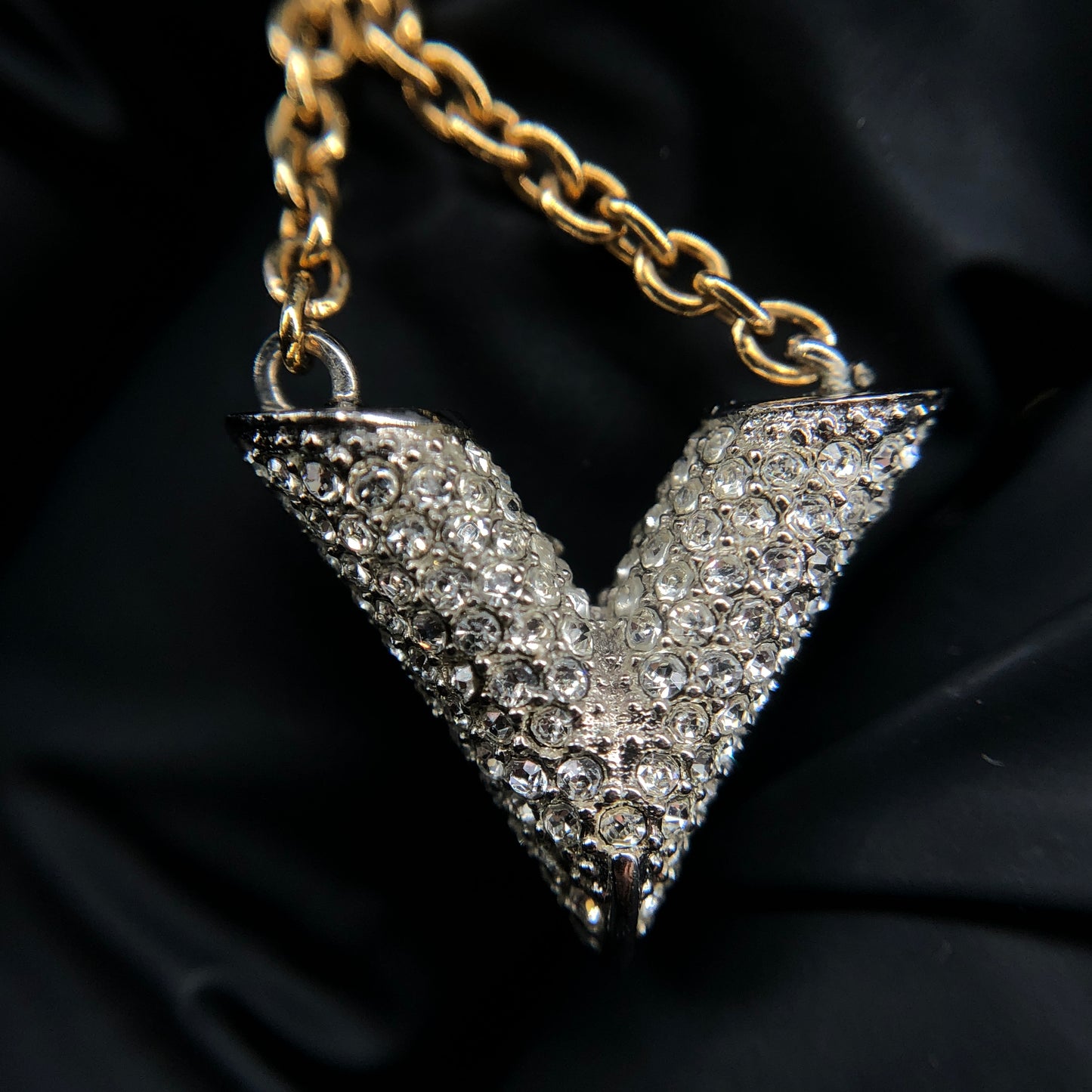 Louis Vuitton Gold Tone Full Crystal V Pendant Necklace