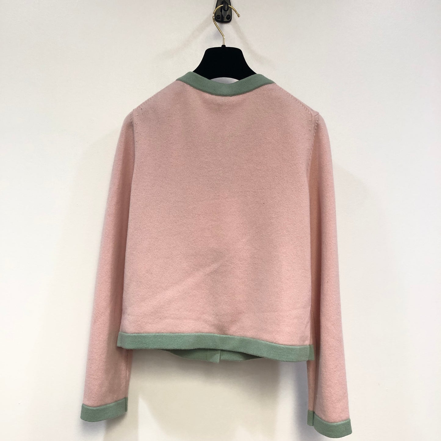 Chanel Pink Knit Cardigan with Green Trim Size 38