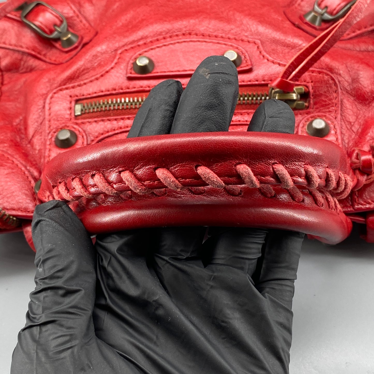 Balenciaga Red Lambskin Mini City Handbag