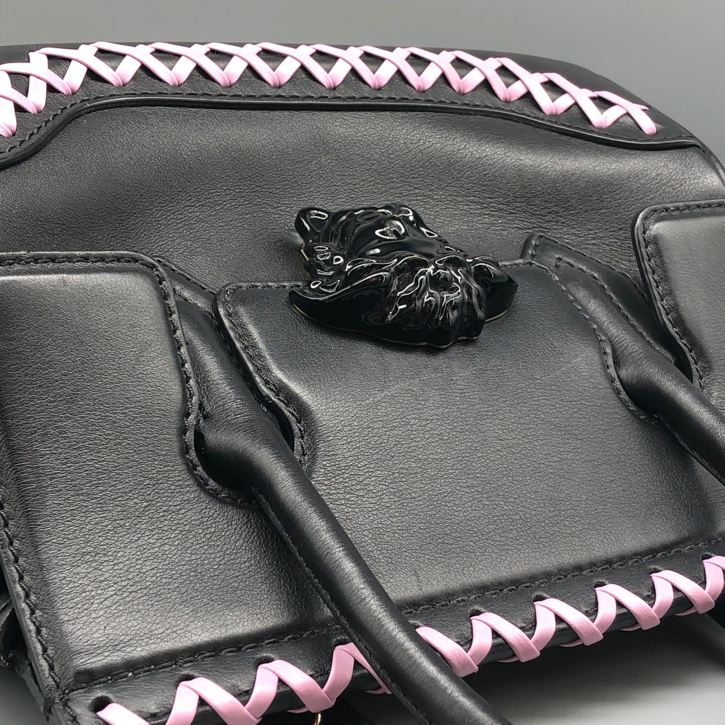 Versace La Medusa Black/Pink Leather Small Tote Bag