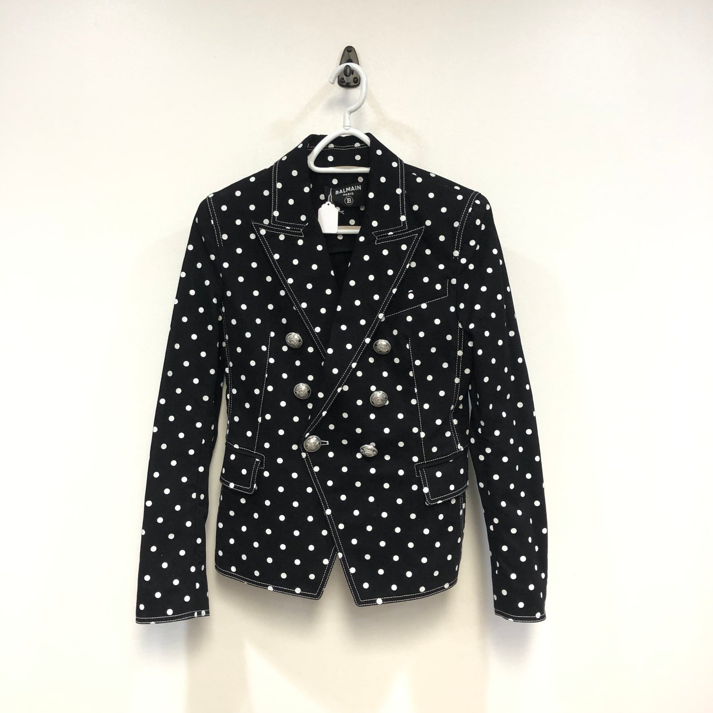 Balmain Polka Dot Double Breasted Blazer Jacket Size 40 Black White Two-Tone