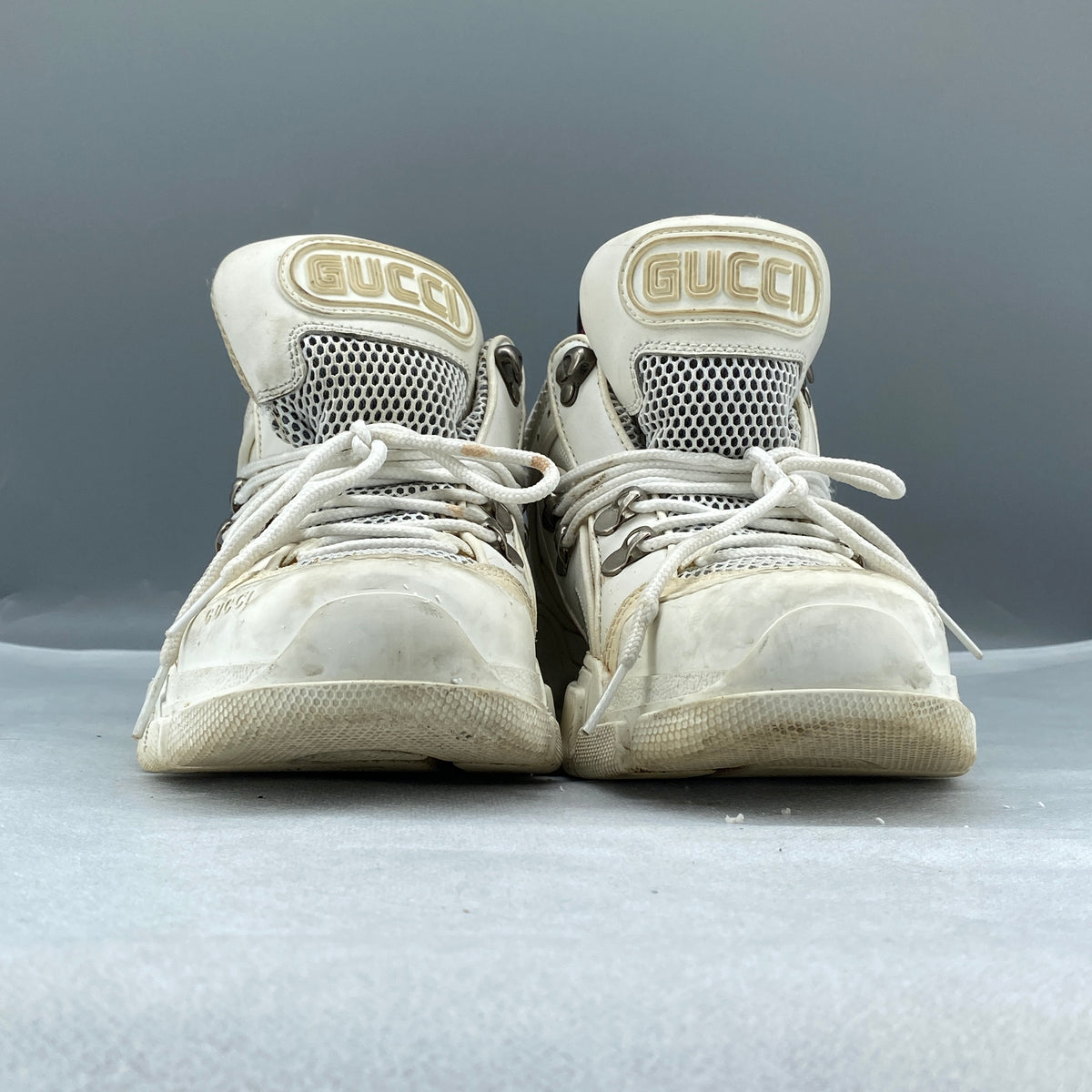 Gucci Women‘s Cream Leather Mesh Lace Up Sneaker Shoes Size 38