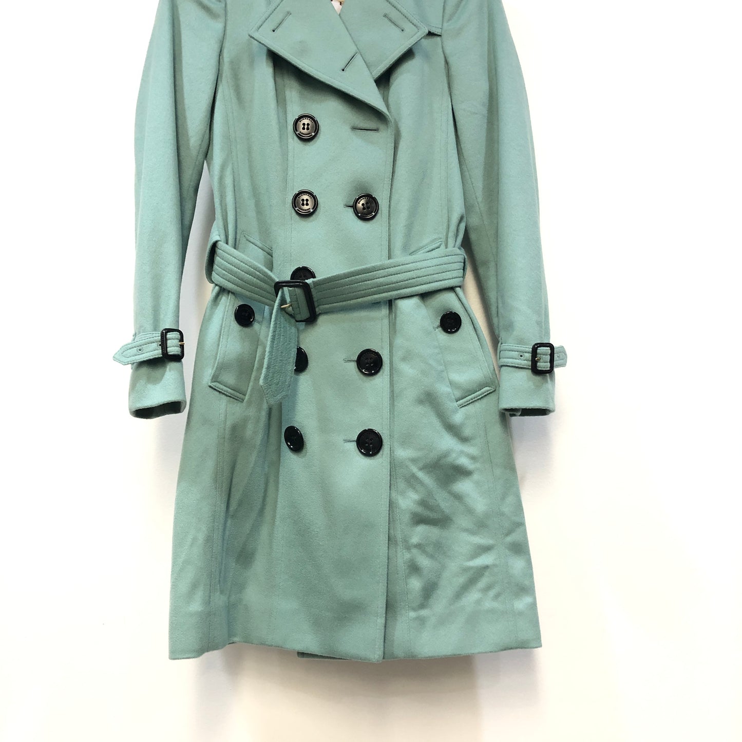 Burberry The Sandringham Tiffany Blue Cotton Trench Coat Size UK 6