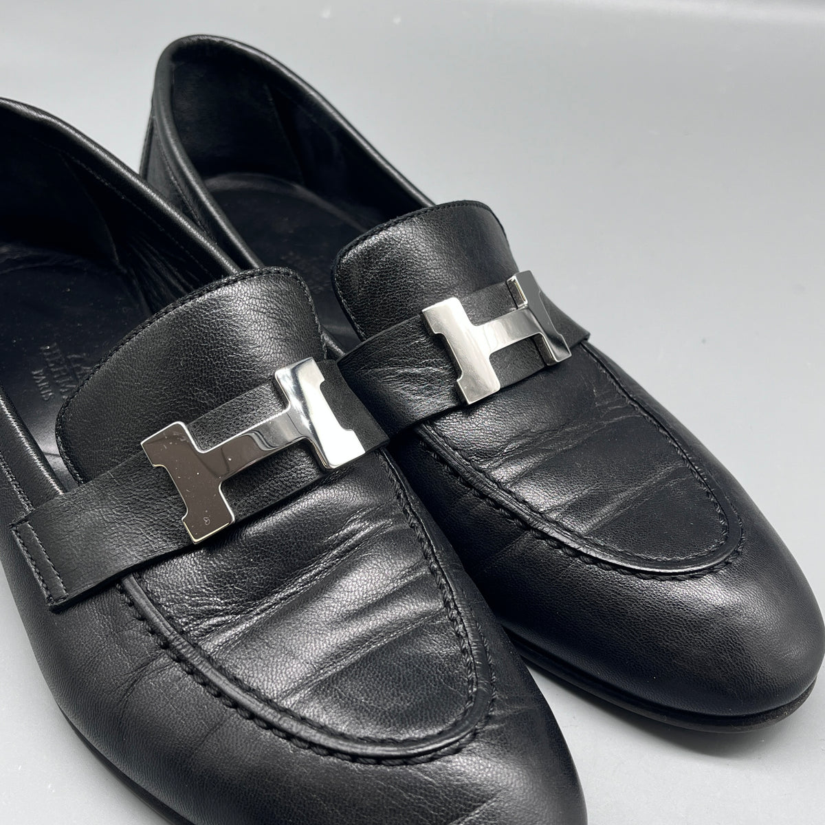 Hermes Black Leather Women Loafers Size 36