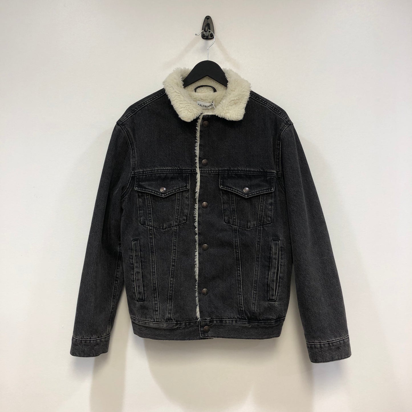 Balenciaga Faded Black Shearling Denim Jacket Size 36
