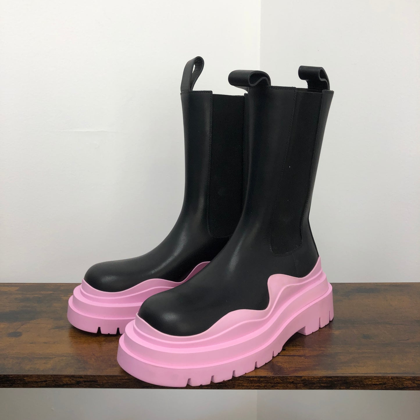 Bottega Veneta Two-Tone Rubber Tire Mid-Calf Rain Boots 36 Black Pink