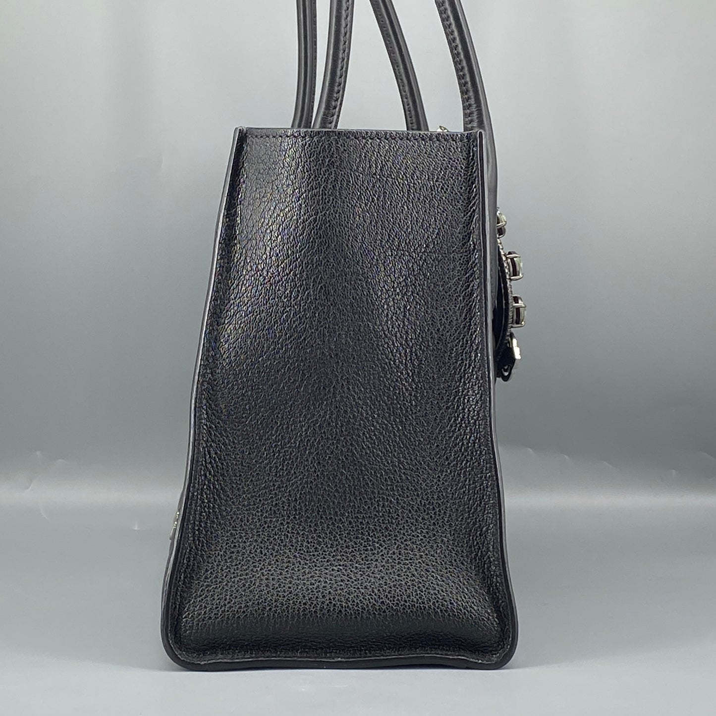Miu Miu Black Grain Leather Crystal Ornament Top Handle Tote Bag