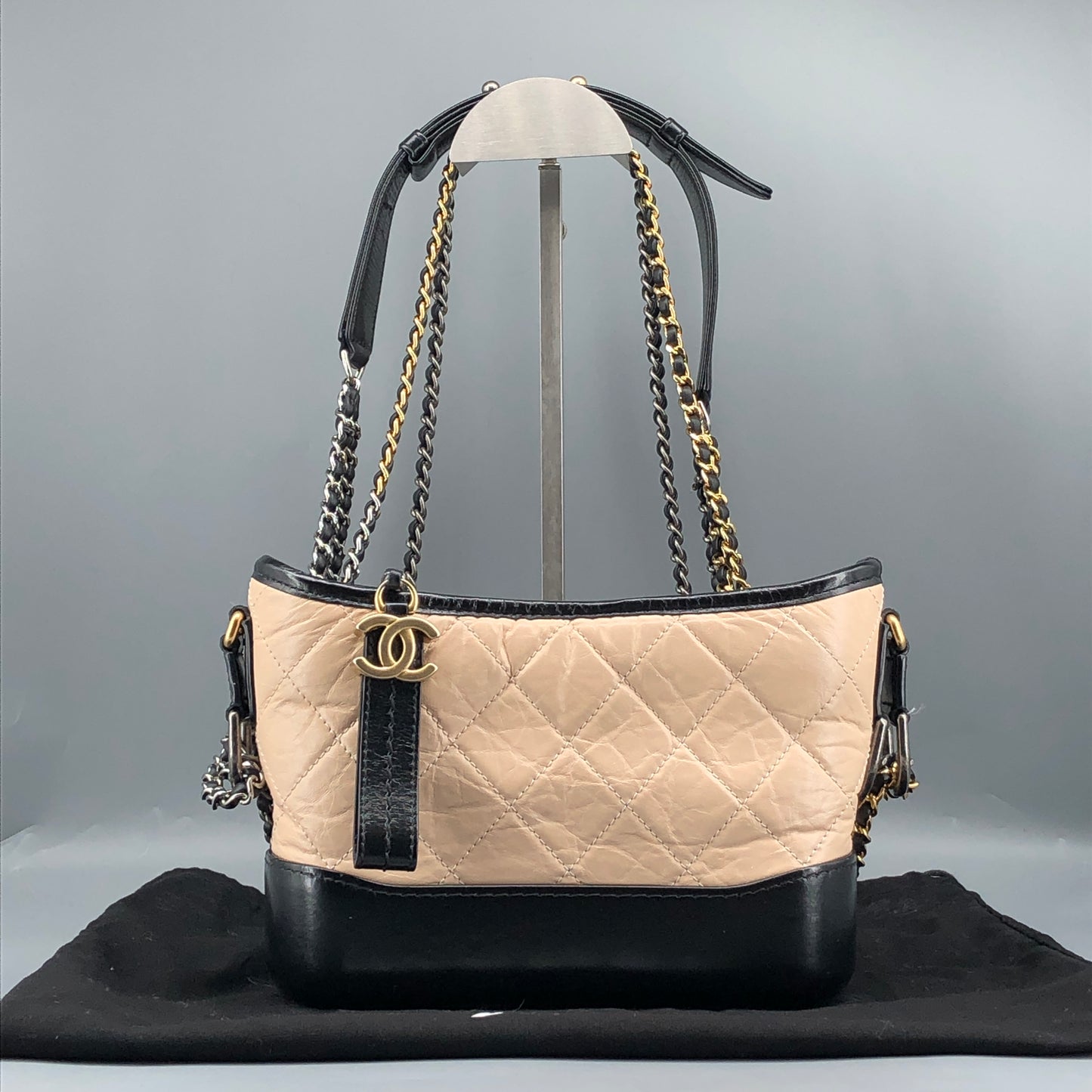 Chanel Aged Calfskin Quilted Small Gabrielle Hobo Beige Black
