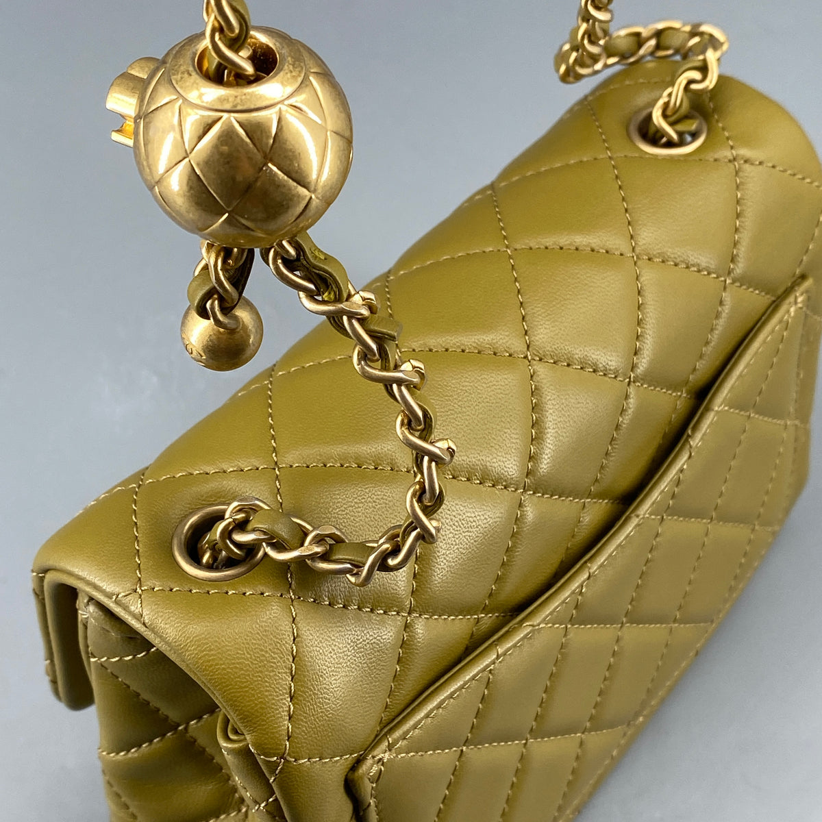 Chanel Olive Green Quilted  Lambskin Ball Charm Flap Bag