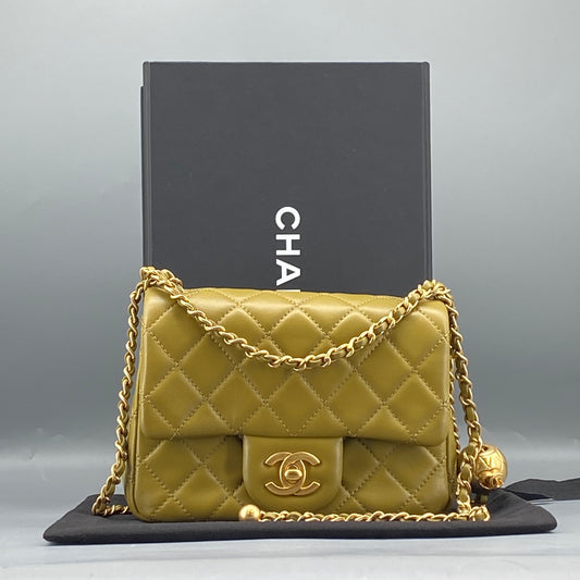 Chanel Olive Green Quilted  Lambskin Ball Charm Flap Bag