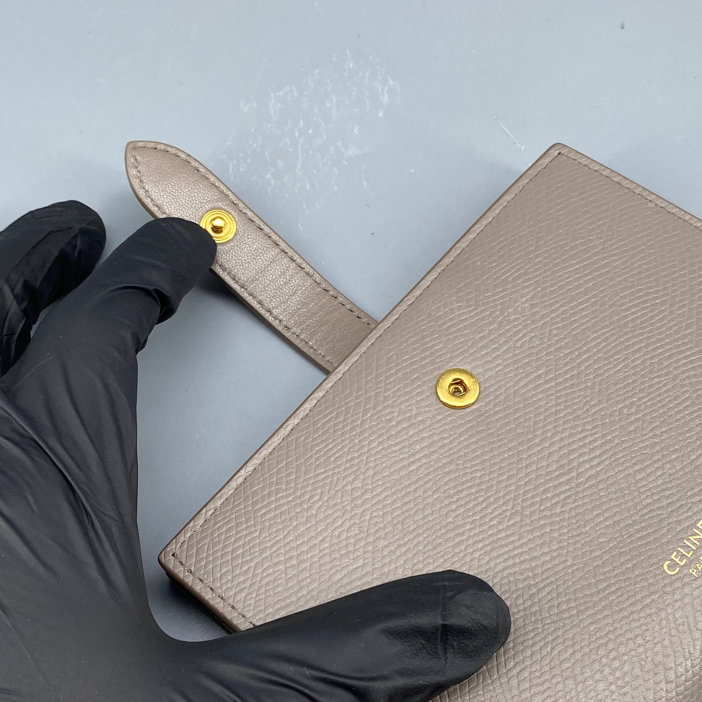 Celine Beige Grained Leather Triomphe Medium Fold Wallet