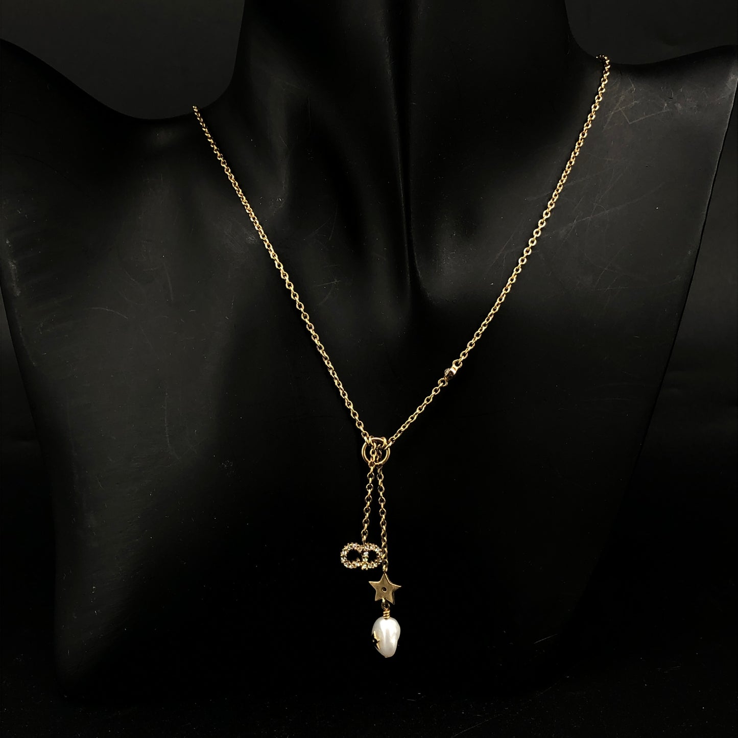 Christian Dior Vintage CD Logo Baroque Pearl Crystal Pendant Necklace
