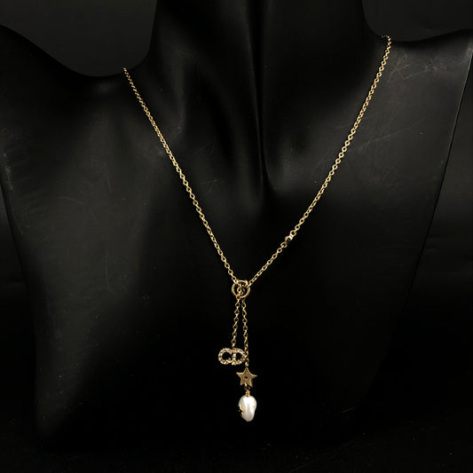 Christian Dior Vintage CD Logo Baroque Pearl Crystal Pendant Necklace