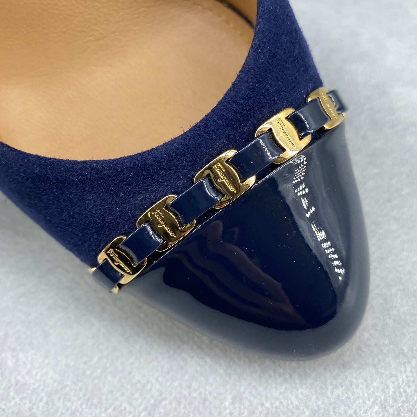 Ferragamo Women’s Deep Blue Suede Patent Toe Wedge Heels Shoes