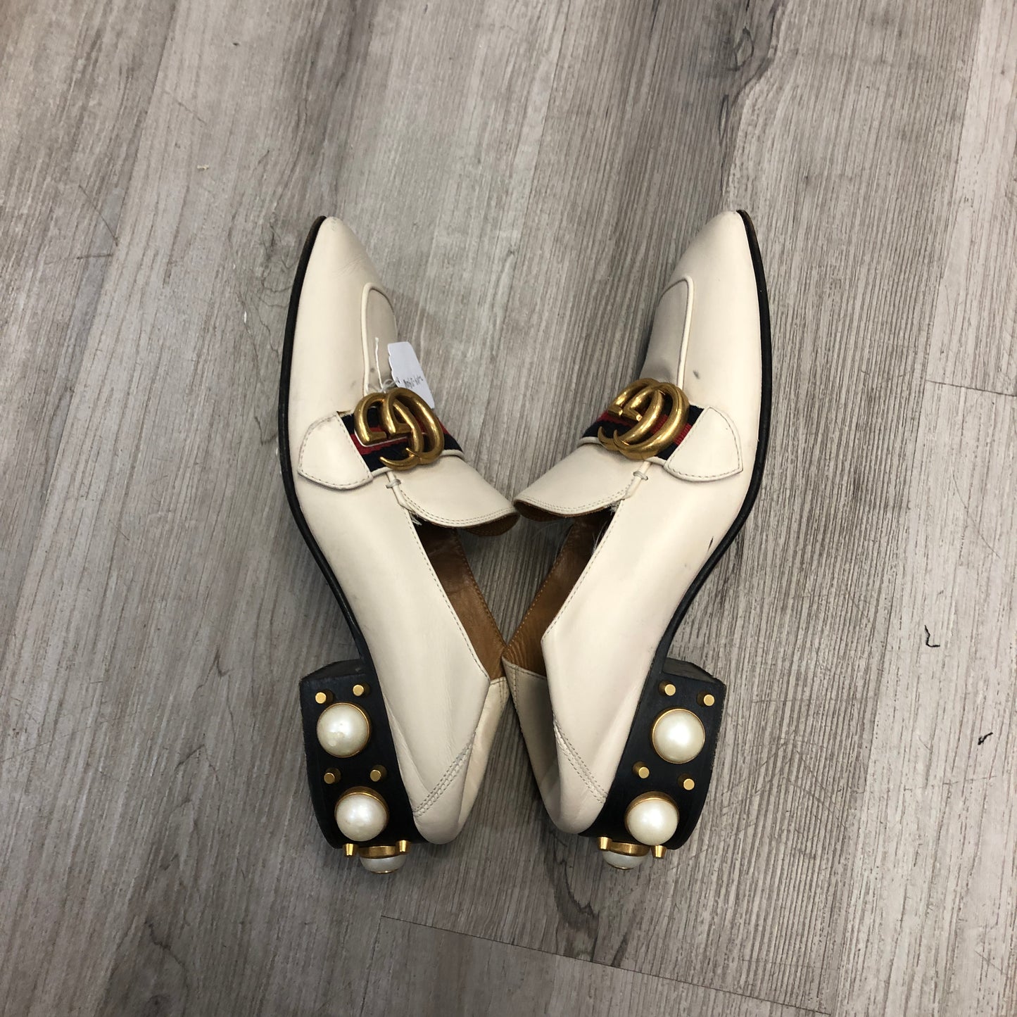Gucci Women's Web Stripe Pearl Heel Mule Slip On Loafer Shoes 36.5 Cream Red Green