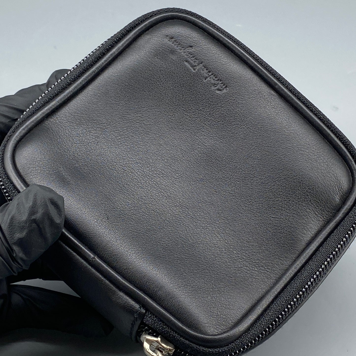 Ferragamo Black Smooth Leather Mini Square Cosmetic Pouch