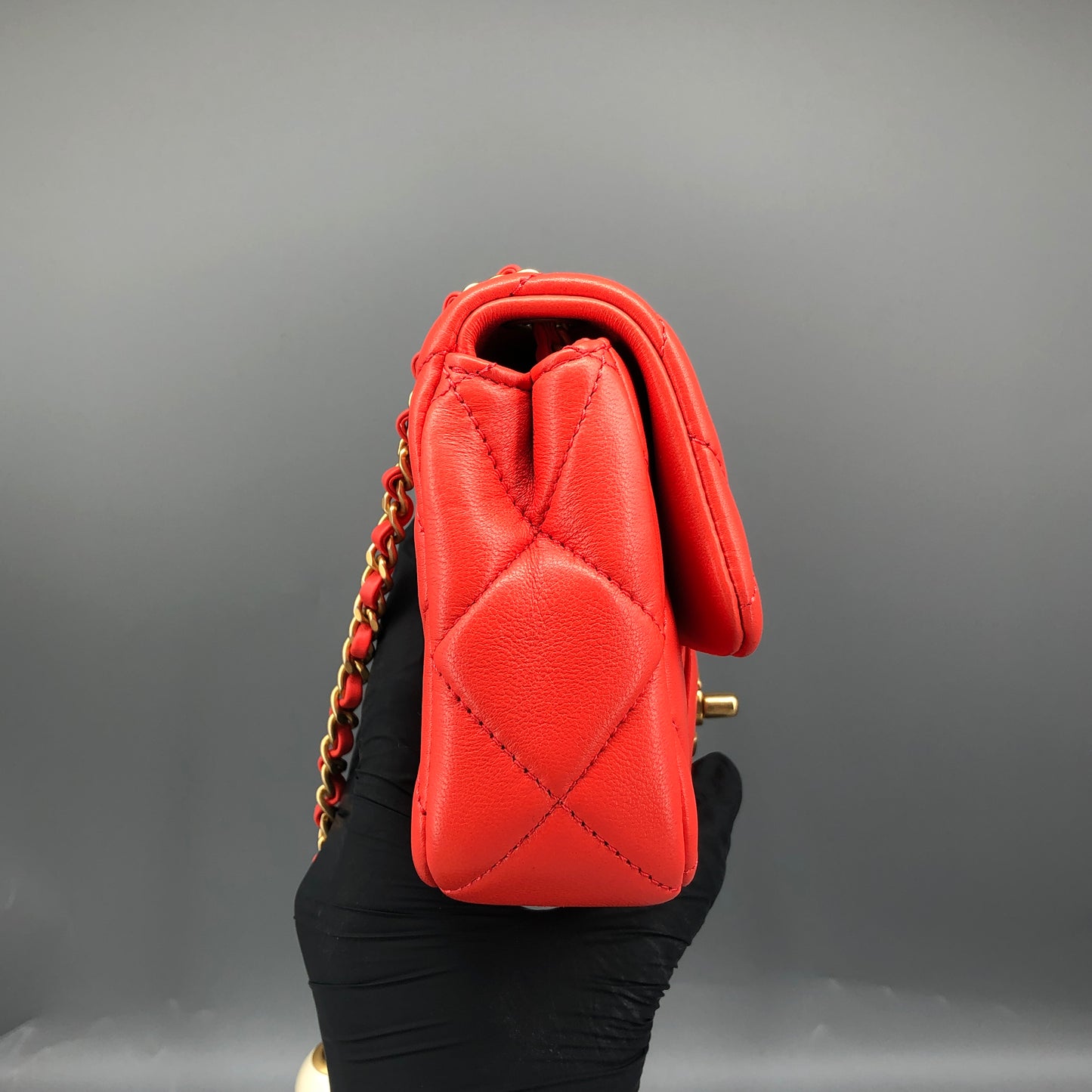 Chanel Mini Quilted Lambskin Flap Bag with Pearl Chain Red