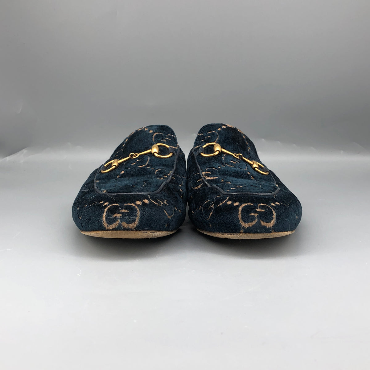 Gucci Navy Blue GG Velvet Women's Mules Shoes Size 38