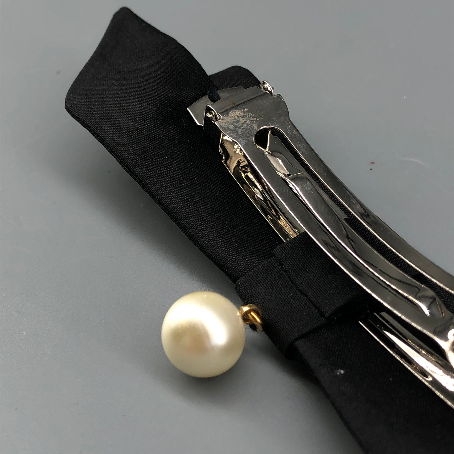 Chanel Black Bow Hair Clip with CC Pearl Charm