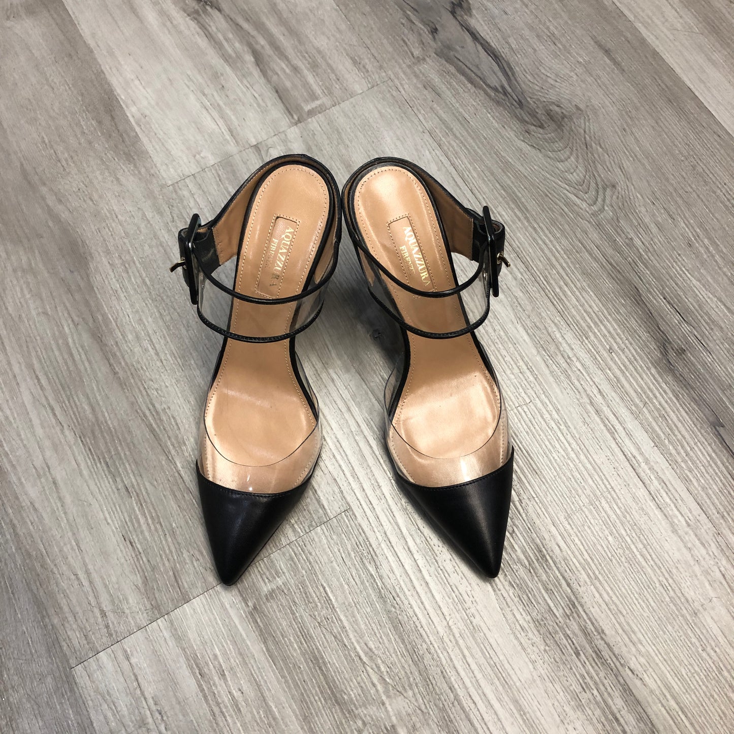 Aquazzura Pointed-Toe PVC & Leather Ankle-Strap Pumps 36 black