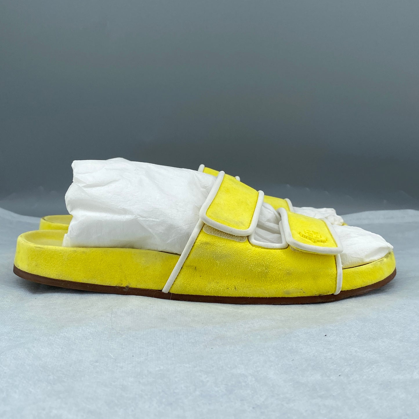 Loro Piana Women's Yellow Suede Double Strap Open Toe Slide Sandals Size 38