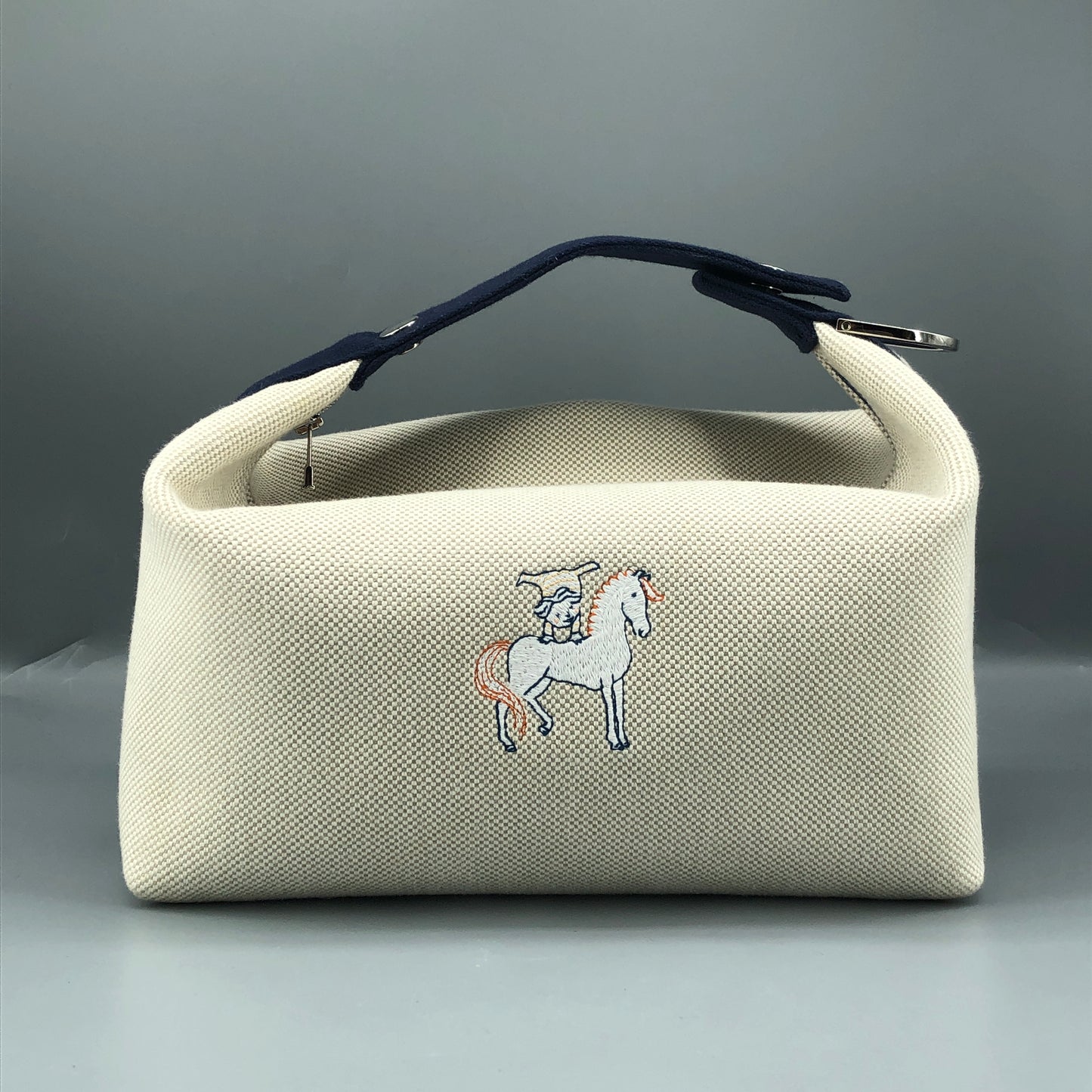 Hermes Bride A Brac Canvas Cosmetic Hand Bag Cream Navy