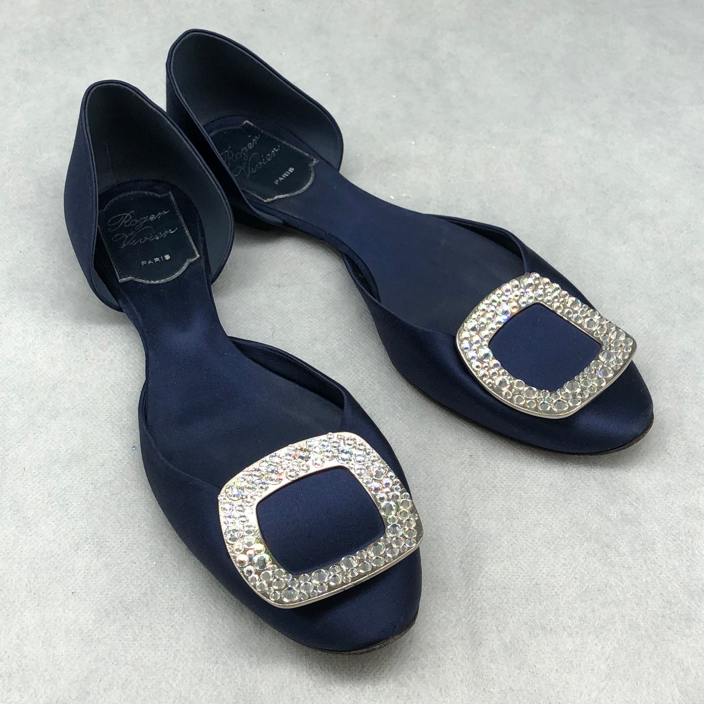 Roger Vivier Dark Blue Satin Crystal Buckle D'Orsay Flats Size 35.5 Women's shoes