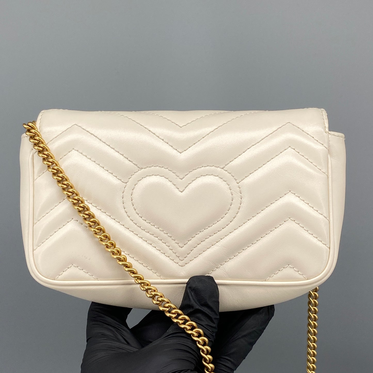 Gucci Cream GG Supreme Chevron Quilted Leather Marmont Mini Flap Chain Bag